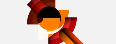 Soyut geometrik şekiller örtüşür, dinamik bileşim yaratır. Sıcak renkler baskın, turuncu, kırmızı renkler beyaz arkaplana karşı. Modern tasarım.