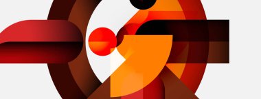 Soyut geometrik bileşim. Sıcak renkler baskın, üst üste binen şekiller, kıvrımlar, gradyanlar. Modern tasarım, minimalist estetik.