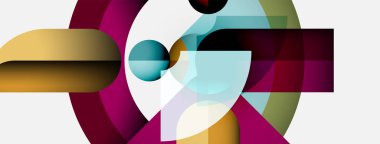 Soyut geometrik bileşim. Üst üste binen şekiller, canlı renkler, modern tasarım. Minimalist estetik, temiz çizgiler, görsel uyum.