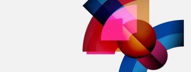 Soyut şekiller örtüşür, canlı renk karışımları yaratır. Pembe, kırmızı, mavi renkler beyaz arkaplana hakim. Modern tasarım ögesi.