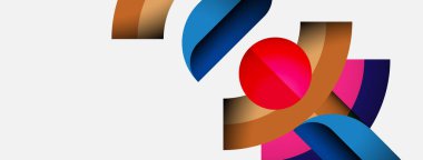 Soyut şekiller örtüşür, canlı renk bileşimi yaratır. Kırmızı daire merkeze hükmediyor, kıvrımlar ve çizgilerle çevrili. Modern tasarım.