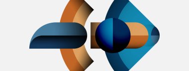 Soyut şekiller örtüşür, dinamik bileşim yaratır. Mavi, turuncu renkler temiz beyaz arka plana hakim. Modern tasarım elemanları.