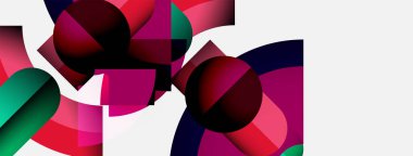 Soyut geometrik şekiller örtüşüyor, canlı renk eğimleri yaratıyor. Bileşim çemberler, kareler, eğriler artı negatif boşluk içerir..