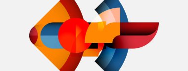 Soyut şekiller örtüşür, dinamik bileşim yaratır. Sıcak renkler serin renkleri karşılar. Modern tasarım, geometrik biçimler görsel ilgi sunar.