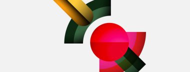 Soyut şekiller örtüşür, canlı bir bileşim yaratır. Kırmızı daire merkeze hükmediyor, kıvrımlı çizgiler ve renklerle tamamlanıyor. Minimalist tasarım.