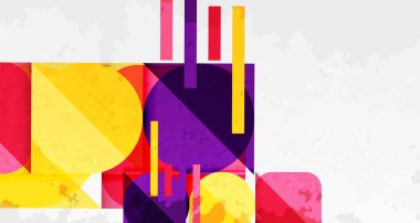 Üst üste binen renkli dikdörtgenlerin harf şekilleri oluşturduğu soyut bir kompozisyon. Parlak renkler dokulu beyaz arka plana hakim. Modern tasarım.