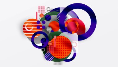 Soyut kompozisyon. Üst üste binen daireler, noktalar, dikdörtgenler dinamik görsel deneyimler yaratır. Parlak renkler, gradyanlar modern tasarım sunar.