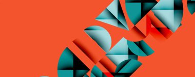 Soyut geometrik şekiller kompozisyona hükmediyor. Teal kontrastlı turuncu arkaplan oluşturur. Modern tasarım, temiz çizgiler, minimalist estetik.