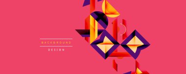 Soyut geometrik şekiller, canlı renkler, pembe arkaplan. Modern tasarım elementleri dinamik görsel etki yaratır.