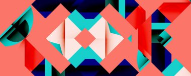 Soyut geometrik şekiller örtüşür, canlı renk zıtlıkları yaratır. Kırmızı, turkuaz, donanma egemen kompozisyonu. Modern tasarım elemanları.