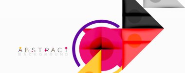 Modern soyut tasarım. Geometrik şekiller örtüşür, canlı renk şeması yaratır. Mor daire aksanı kırmızı, turuncu, sarı elementler. Temiz, minimalist stil.