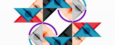 Soyut geometrik tasarım. Üçgenler, daireler, eğriler simetrik desenler oluşturur. Renkler kırmızı, mavi, gri, turuncu. Modern estetik.