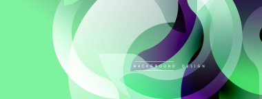 Soyut tasarım özellikleri üst üste binen daireler, gradyanlar. Nane yeşili baskın, mor aksanlar mevcut. Modern, dinamik kompozisyon.