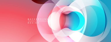 Soyut çemberler çakışıyor, canlı gradyanlar yaratıyor. Pembe, mavi, beyaz renkler kusursuz bir şekilde harmanlanır. Arka planlar için modern tasarım ögesi.