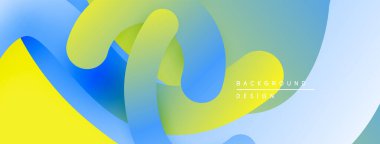 Soyut sıvı şekilleri, canlı maviler, sarılar, yeşiller. Yumuşak gradyanlar dinamik görsel akış yaratır. Modern tasarım ögesi.