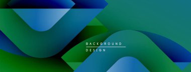 Soyut gradyan şekiller çakışıyor, dinamik görsel etki yaratıyor. Mavi, yeşil renkler kompozisyona hakim. Metin arkaplan tasarımı okur.