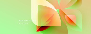 Soyut geometrik şekiller örtüşüyor, canlı renk eğimleri yaratıyor. Açık yeşil arka plan sıcak turuncu ve sarı renkleri tamamlıyor. Modern tasarım ögesi.