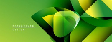 Soyut yeşil tasarım üst üste binen şekiller, gradyanlar, dinamik kompozisyon. Çeşitli projeler için modern arkaplan.