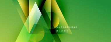 Soyut geometrik şekiller örtüşür, canlı yeşil gradyan arkaplan oluşturur. Modern tasarım elementleri yenilik ve teknoloji öneriyor.