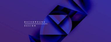 Soyut mor tasarım geometrik şekiller ve üst üste binen katmanlar içerir. Metin elemanları ve dinamik bileşimi olan modern arkaplan.