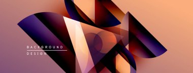 Soyut geometrik şekiller örtüşür, dinamik görsel efekt yaratır. Sıcak renkler baskın, mor aksanlı. Modern tasarım ögesi.