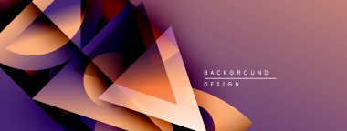 Soyut geometrik şekiller örtüşür, dinamik görsel efekt yaratır. Mor, turuncu renkler kompozisyona hakim. Modern tasarım ögesi.