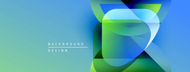 Soyut geometrik şekiller örtüşüyor, canlı renk eğimleri yaratıyor. Mavi, yeşil renkler tasarıma egemen, modern estetik.