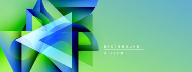 Soyut geometrik şekiller, canlı maviler, yeşiller modern arkaplan oluşturur. Katmanlı şeffaf biçimler, gradyan etkisi dizayn et.