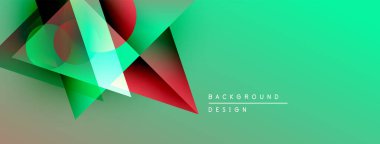 Soyut geometrik şekiller örtüşüyor, canlı renk eğimleri yaratıyor. Yeşil, kırmızı aksanlı arka plana hükmediyor. Modern tasarım elemanları.