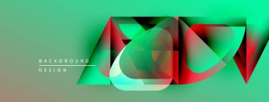 Soyut geometrik şekiller örtüşüyor, canlı yeşil, kırmızı, turkuaz gradyanlar yaratıyor. Arkaplan ve sunumlar için modern tasarım ögesi.