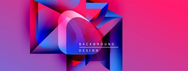 Soyut geometrik şekiller, canlı renkler, pembeler, maviler, morlar. Modern tasarım elementleri dinamik görsel etki yaratır. Metin arkaplan tasarımı okur.