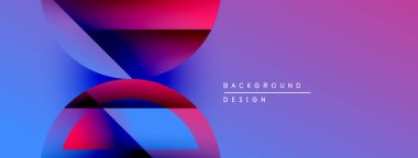 Soyut tasarım özellikleri üst üste binen renkli şekiller. Gradyan renkler mor, pembe ve maviyi harmanlayarak dinamik görsel efekt yaratır. Modern arkaplan.
