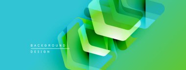 Soyut geometrik şekiller örtüşüyor, canlı yeşil, mavi renkler yaratıyor. Modern tasarım teknoloji, yenilik ve enerji öneriyor.