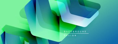 Soyut geometrik şekiller örtüşür, canlı gradyanlar yaratır. Yeşil, mavi renkler tasarıma egemen, modern estetik.