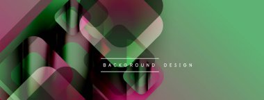 Soyut geometrik şekiller örtüşür, dinamik görsel efekt yaratır. Yeşil arka plan pembe ve mor renkleri tamamlıyor. Metin arkaplan tasarımı okur.