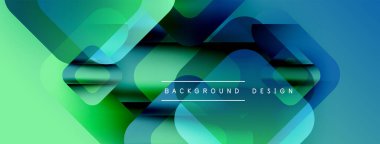 Soyut geometrik şekiller örtüşür, canlı gradyanlar yaratır. Yeşil, mavi renkler tasarıma egemen, modern estetik.