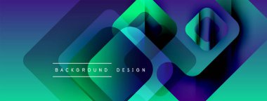 Soyut geometrik şekiller örtüşür, canlı gradyanlar yaratır. Mavi, yeşil, mor renkler tasarımda baskın. Modern estetik.