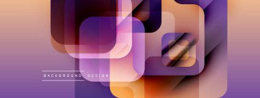 Soyut geometrik desen. Üst üste binen kareler dinamik görsel efekt yaratır. Renkler pürüzsüz, mor, turuncu renkler baskın. Modern tasarım ögesi.