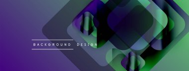 Soyut geometrik tasarım. Üst üste binen kareler dinamik görsel efekt yaratır. Mor, yeşil renkler kompozisyona hakim. Modern estetik.