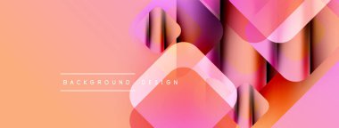 Soyut geometrik şekiller örtüşüyor, canlı renk eğimleri yaratıyor. Şeftali, pembe, mor renkler tasarımda baskın. Modern estetik.