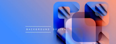 Soyut geometrik şekiller örtüşüyor, canlı mavi, mor, turuncu gradyanlar yaratıyor. Arkaplan ve sunumlar için modern tasarım ögesi.