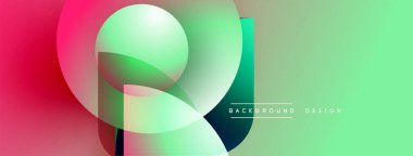 Soyut canlı tasarım, üst üste binen daireler, gradyanlar. Pembe, yeşil renkler modern görsel efektler yaratır. Arkaplan metin ögelerini içerir.