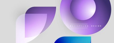 Soyut şekiller örtüşüyor, canlı gradyanlar yaratıyor. Modern tasarım mor, açık gri arka planda mavi renkler kullanır. Minimalist estetik.