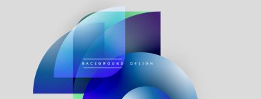 Soyut şekiller örtüşür, değişim etkisi yaratır. Mavi, mor renkler dizaynın hakimi. Metin arka plan tasarımı okur. Minimalist estetik.