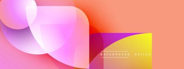 Soyut tasarım özellikleri üst üste binen şeffaf daireler. Renkler pembeden, mordan turuncuya, sarıya dönüşür. Minimalist stil.