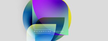Soyut renkli şekiller çakışıyor. Gradyan renkler harmanlanarak, dinamik görsel efekt yaratır. Metin elemanları mevcut olan minimalist tasarım.