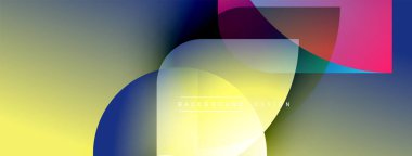 Soyut geometrik şekiller örtüşüyor, canlı renk eğimleri yaratıyor. Sarı sol tarafa hükmediyor, maviye, mora, pembeye geçiyor. Modern tasarım ögesi.