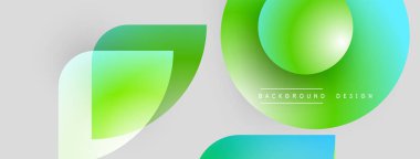 Soyut şekiller, canlı yeşil, mavi gradyanlar. Modern tasarım elementleri açık gri arkaplan üzerinde. Minimalist kompozisyon, pürüzsüz geçiş.