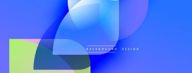 Soyut mavi arkaplan özellikleri üst üste binen yarı saydam şekiller. Renkler derinlik yaratır, modern tasarım estetik. Metin arkaplan tasarımı okur.