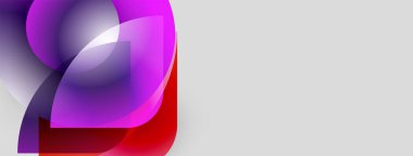 Soyut şekiller örtüşüyor, canlı mor, kırmızı renkler yaratıyor. Yumuşak eğimler hareketi gösterir, modern tasarım estetiği. Minimalist kompozisyon.